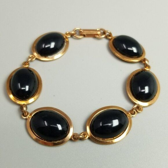 Vintage Black Cabochon and Copper Color Six Panel Chain Bracelet, 7 1/2 Inches - Picture 6 of 6